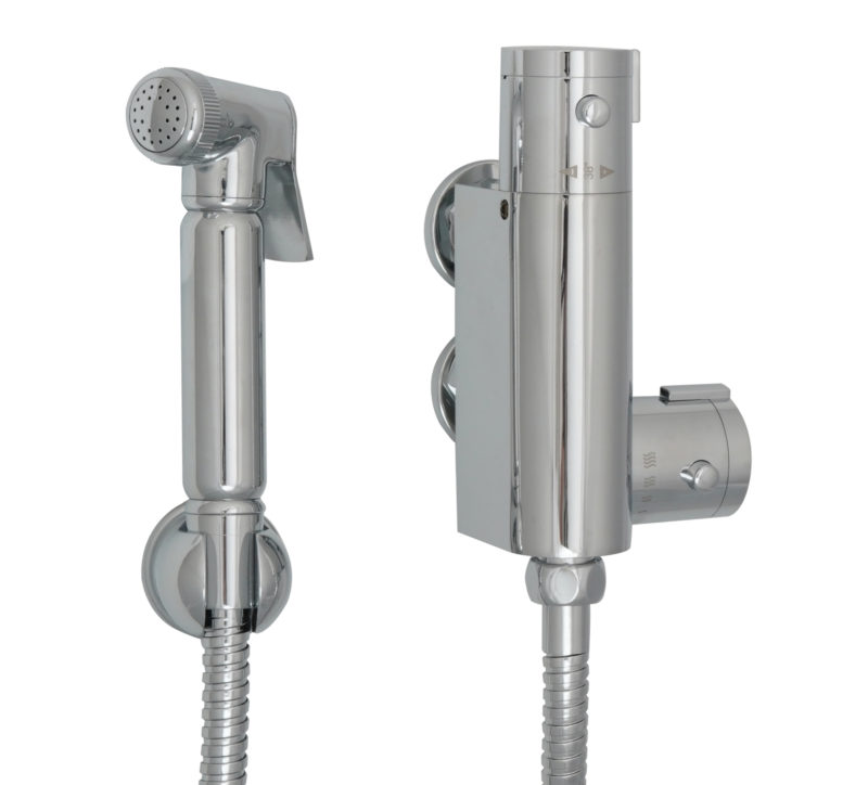 Douche kit complete with vertical thermostatic bar valve