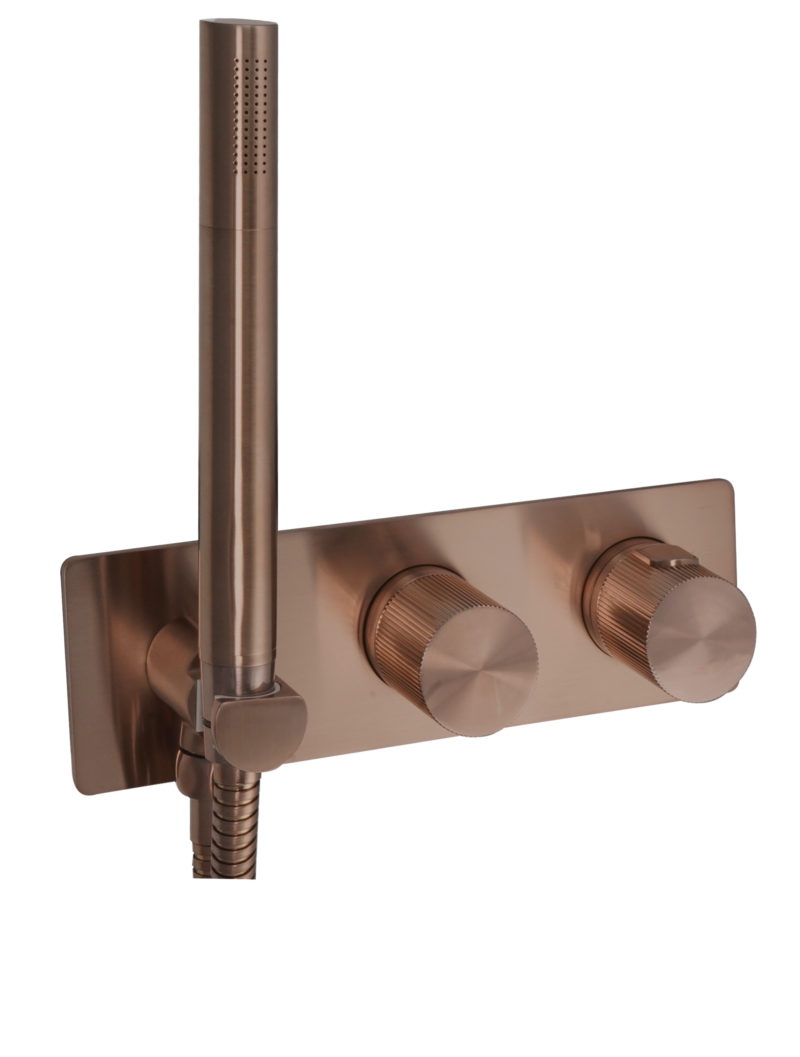 Thermostatic concealed 2 outlet shower valve with attached handset